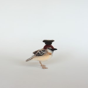 May include: A small, brown and white bird wearing a black felt hat. The bird is made of felt and has a realistic appearance.