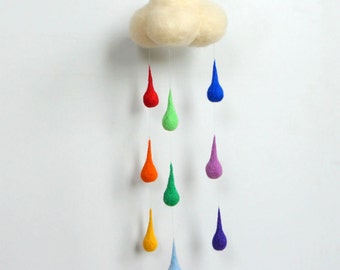 Rainbow mobile Mobile for Playroom Raindrops mobile Colorful Felt mobile Decorative mobile Kids room Nursery decor Rain childrens decor