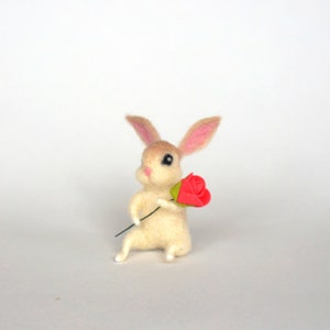 Felted Miniature Bunny White Bunny Flower Tiny Hare Rose Dollhouse ...