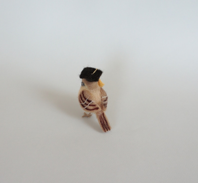 May include: A small brown and white felt bird wearing a black felt graduation cap with a gold tassel. The bird is facing away from the camera.