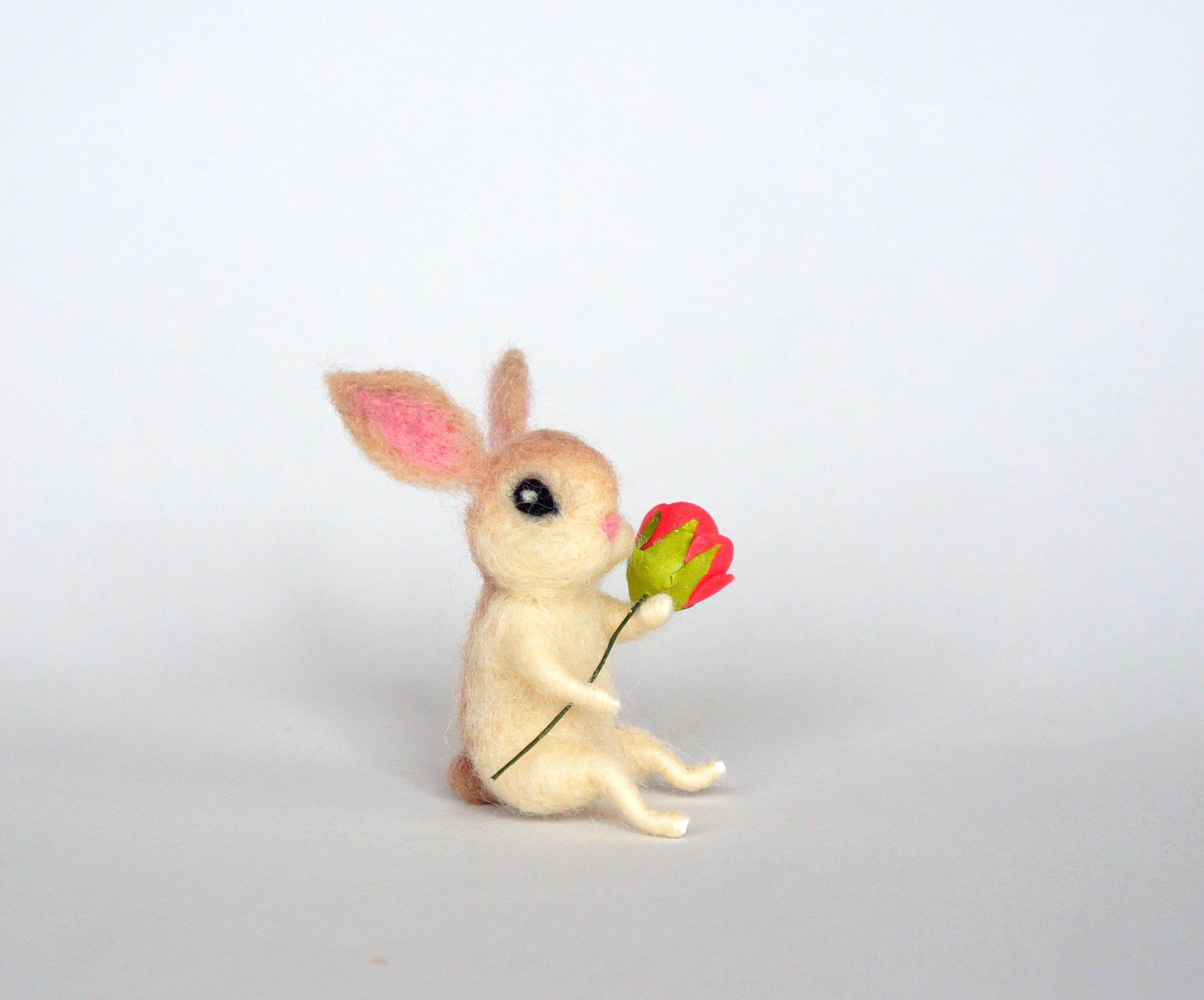 Felted Miniature Bunny White Bunny Flower Tiny Hare Rose Dollhouse ...