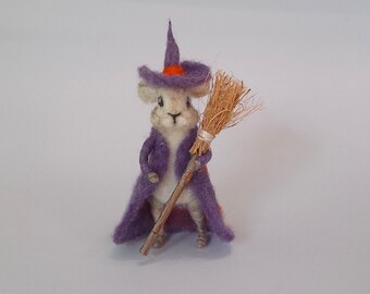 Needle Felted Witch Bunny Art Doll- Purple Hat- Broomstick- Whimsical Halloween Decor