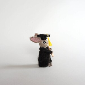 May include: A small, brown rabbit wearing a black graduation cap and gown, holding a scroll in its paws. The cap has a yellow tassel.