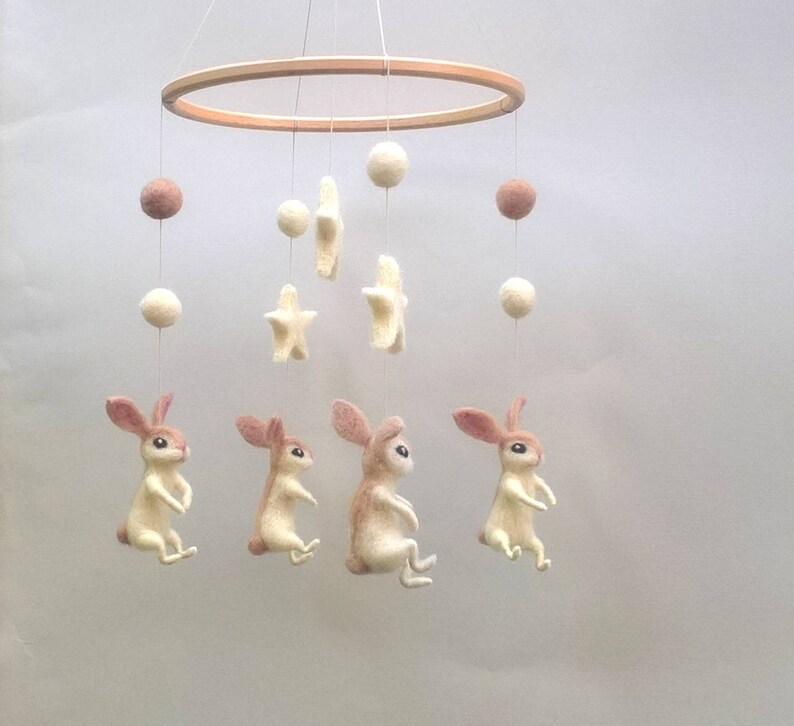 Bunny Mobile Baby Crib Mobile Felted Animal Mobile White Etsy