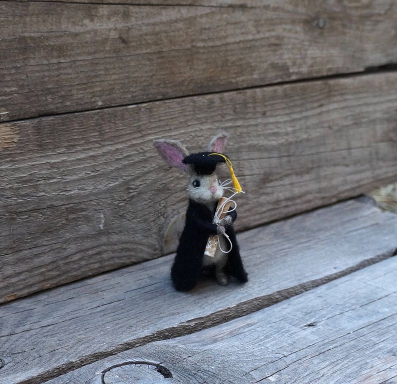 May include: A small, gray felt rabbit wearing a black graduation cap and gown, holding a rolled-up scroll. The rabbit has a yellow tassel on its cap.