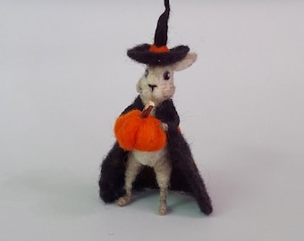 Felted Witch Bunny Pumpkin Halloween bunny Felt Rabbit Black witch hat Wool bunny Halloween doll Wool rabbit Dollhouse animal Autumn decor