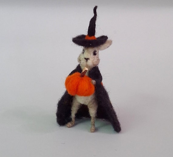 Felted Witch Bunny Pumpkin Halloween bunny Felt Rabbit Black witch hat Wool bunny Halloween doll Wool rabbit Dollhouse animal Autumn decor