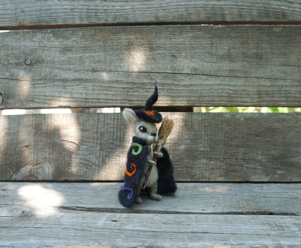 Halloween Witch Felted Bunny Broomstick Felted rabbit Etsy