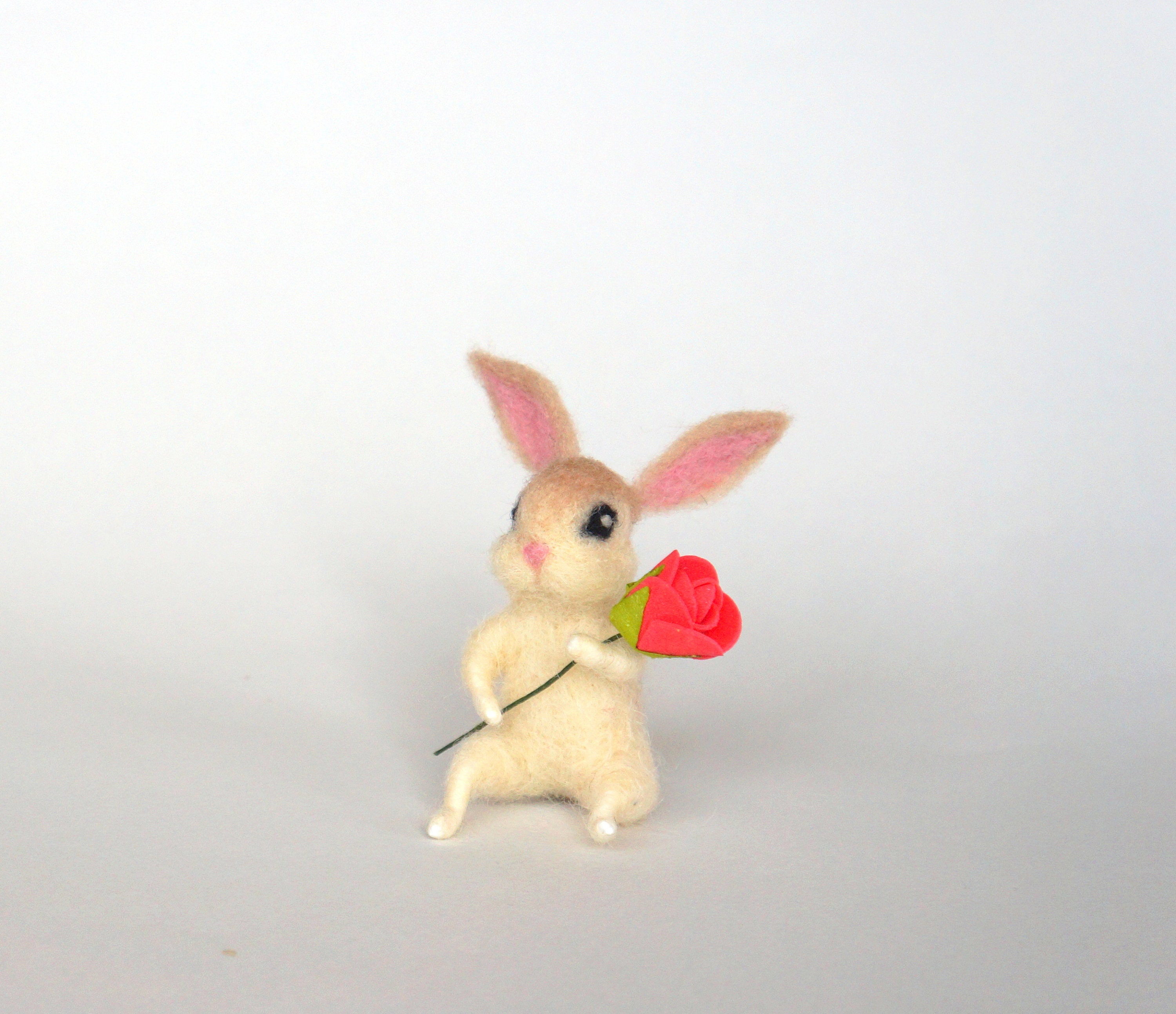Felted Miniature Bunny White Bunny Flower Tiny Hare Rose Dollhouse ...