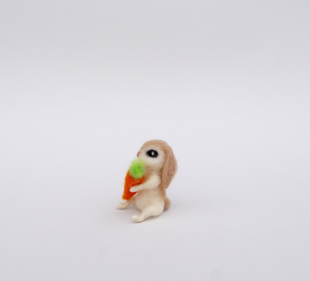 Tiny Bunny Carrot Mini Hare White Felt Rabbit Wool Figurine Cute Easter ...