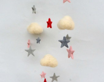 Felt mobile Ceiling Mobile Felt star mobile gray pink red Rustic accent Cloud mobile Girl room Baby mobile Waldorf mobile Children decor