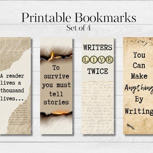 May include: Set of four printable bookmarks with inspirational quotes for writers. The bookmarks feature a vintage aesthetic with a distressed paper background and handwritten text. The quotes include: "A reader lives a thousand lives...", "To survive you must tell stories", "Writers live twice", and "You can make anything by writing."