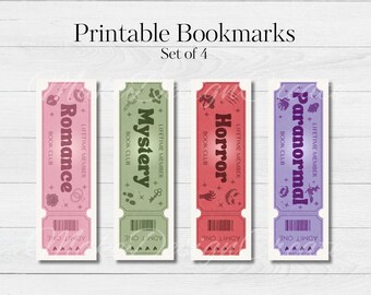 May include: Set of four printable bookmarks with a vintage ticket design. Each bookmark features a different genre: Romance, Mystery, Horror, and Paranormal. The bookmarks have a distressed look and include the text "Lifetime Member Book Club."