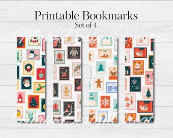 Christmas Stamp Bookmarks | Holiday Bookmarks | Gingerbread man, holly, mistletoe, Christmas tree | Book Lover Gift | Printable Bookmarks