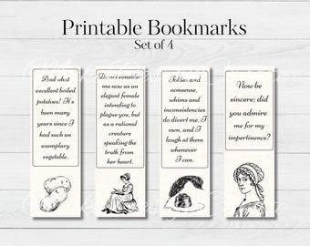 Könnte beinhalten: Set mit vier druckbaren Lesezeichen mit Zitaten und Illustrationen. Jedes Lesezeichen zeigt ein anderes Zitat im Vintage-Stil, mit Illustrationen von Kartoffeln, einer lesenden Frau, einer Feder und einem Tintenfass sowie einem Frauenporträt.