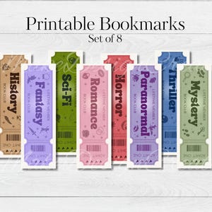 May include: Set of eight printable bookmarks with a ticket design. Each bookmark features a different genre: History, Fantasy, Sci-Fi, Romance, Horror, Paranormal, Thriller, and Mystery. The text "Printable Bookmarks" and "Set of 8" are at the top.