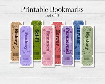 Genre Bookmarks | Fantasy, Romance, Horror, Mystery | Ticket Bookmarks | Printable Bookmarks | Book Lover Gift