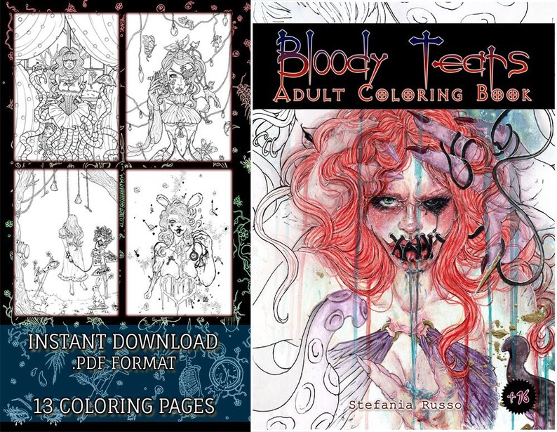 Adult Coloring Book Bloody Tears Original Dark Gothic Horror Art Instant Download Printable image 1