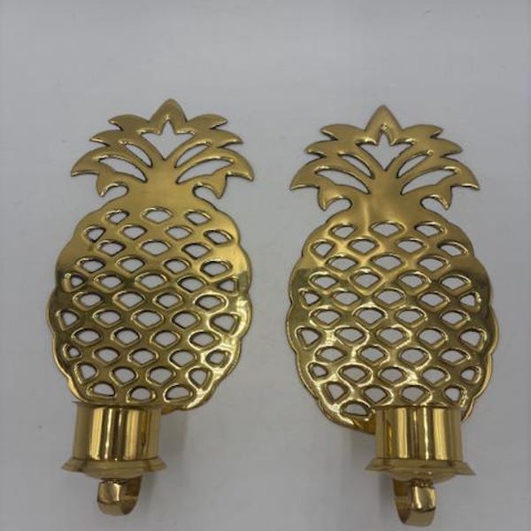 Pair of Vintage Brass Gold Pineapple Wall Sconce Candle Candlestick Holder - Set of 2