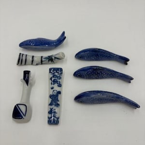 Vintage Chopstick Rest - Chopstick Rest - Set of 7 - Chop Stick Rest - Chopsticks - Chopstick Holder - Blue Fish Chopstick Rest - Hashioki