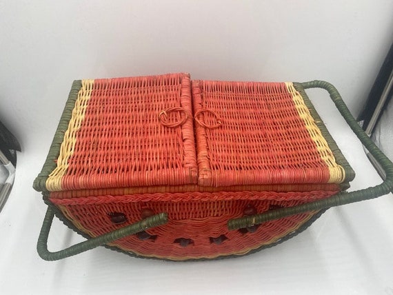Vintage Wicker Watermelon Picnic Basket - Wicker … - image 2