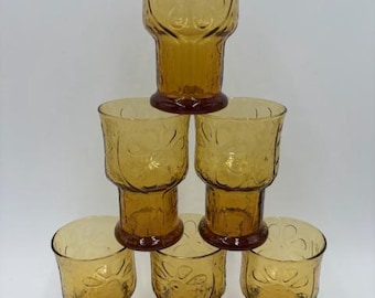 6 Vintage MCM Amber Glass 10 Ounce Tumblers - Amber Glassware - Set of 6