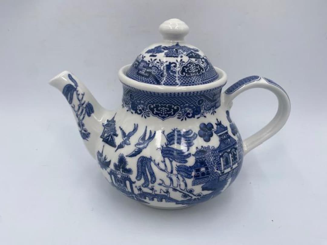 Churchill Blue And White China Blue Willow Large Teapot - Vintage Farmhouse Antiques