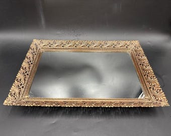 Vintage MCM Regency Style Filigree Border Mirrored Vanity Tray