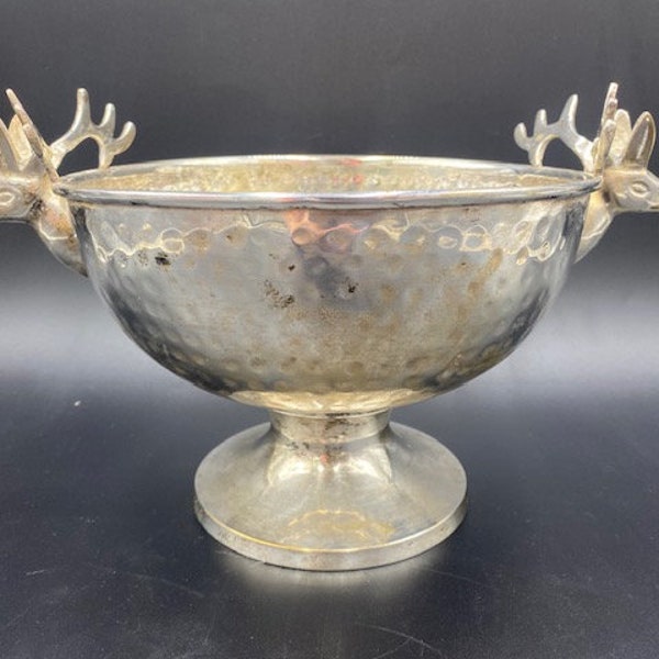 Vintage Silver Bowl - Vintage Pedestal Bowl - Vintage Decorative Bowl - Silver Ice Bucket - Silver Deer - Silver Elk - Man Cave - Deer - Elk