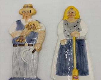 Vintage Les Artisans Farmer and Wife Ceramic Wall Hanging Plaque - Set of 2