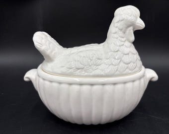 Vintage White Ceramic Chicken Tureen Gravy Boat with Ladle