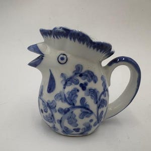 Small Vintage Mini Miniature Blue and White Ceramic Rooster Pitcher Creamer