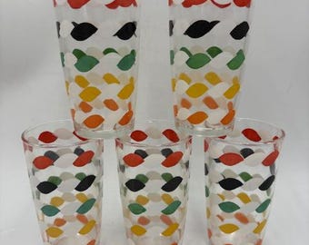 Vintage MCM Hazel Atlas Colorful Water Iced Tea Glass Tumblers - Set of 5
