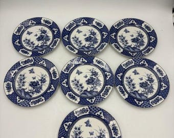 Vintage Blue and White Imari Blossom Porcelain Salad Dessert Bread Plates - Set of 7
