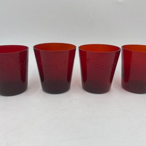 Vintage Red Barware Glasses - Red Barware Glasses - Etched Barware Glasses - Vintage Cut Glass Barware - Antique Barware Glasses - Red Glass