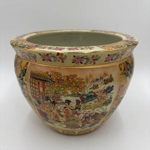 Large Fishbowl Planter - Fishbowl Planter - Vintage Asian Planter - Asian Planter - Satsuma-style Fishbowl Planter - Large Porcelain Planter