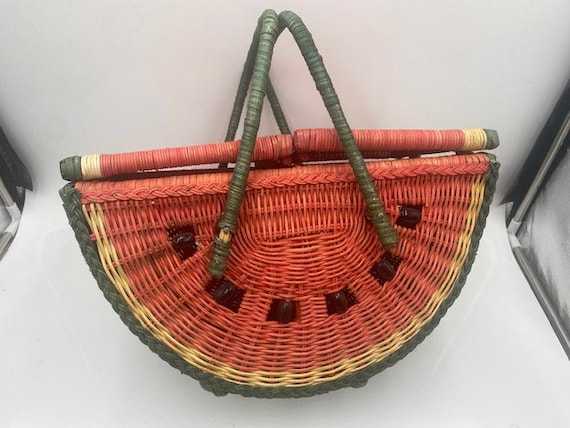 Vintage Wicker Watermelon Picnic Basket - Wicker … - image 6