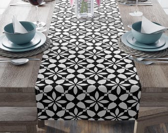 Black White Geometric Floral Pattern Table Runner Modern Tile Motif