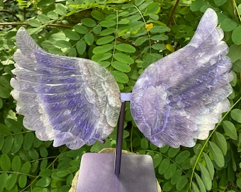 Purple Fluorite Geode Handcrafted Angel Wings On Contrasting Display Stand