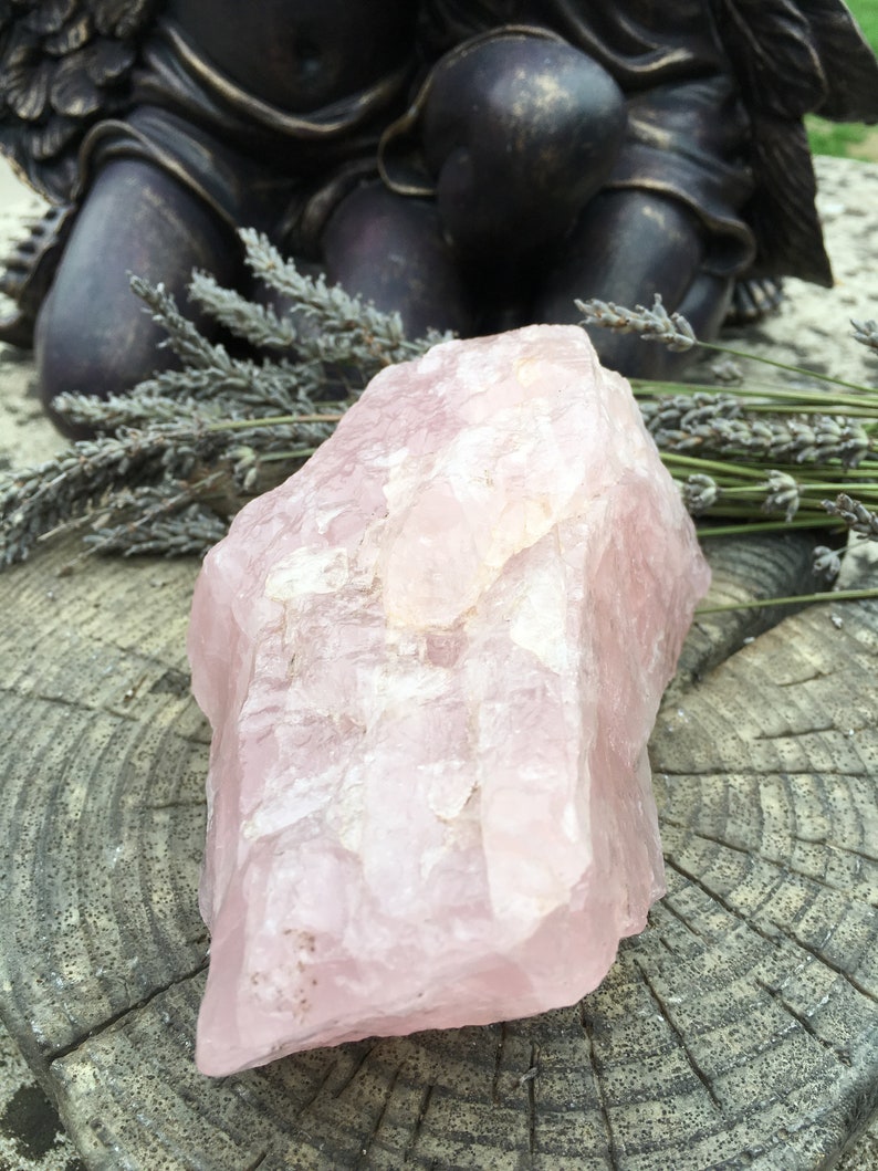 May include: A large, rough-cut rose quartz crystal in shades of pale pink. The crystal is displayed with dried lavender sprigs and a dark bronze statue in the background. The crystal's surface has natural variations and a slightly translucent appearance.