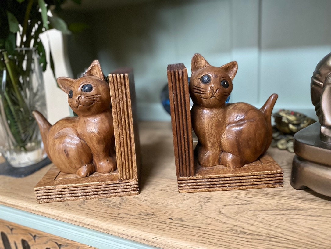 Antique Cat / Kitty Wooden Book End Holders Adorable Etsy