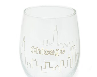 Chicago Gold Skyline Stemless Wine Glass, Chicago Wine Glass, Chicago Bar Gift