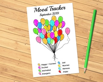 Monthly Mood Tracker Balloons Editable Printable PDF for Bullet Journal Bujo