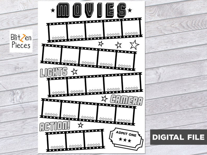 May include: Black and white printable movie themed checklist with the words "MOVIES", "LIGHTS", "CAMERA", and "ACTION!"  The checklist is designed to look like a film strip with spaces for writing and rating movies.