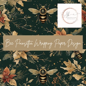 Bee Poinsettia Christmas Wrapping Paper Design, Digital Download