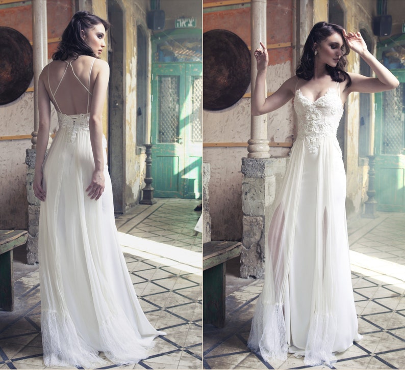 Boho Brautkleid Offenes Back Brautkleid Champagner Etsy