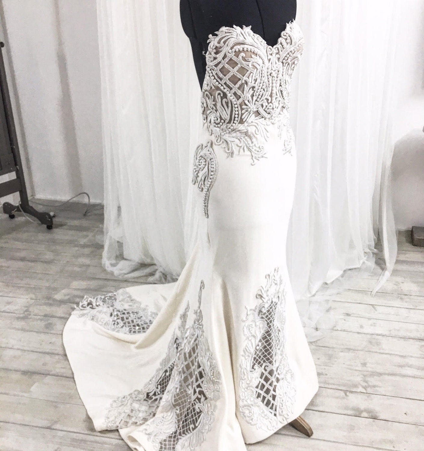 Low Back Wedding Dress Lace Wedding Dress Strapless Wedding Etsy