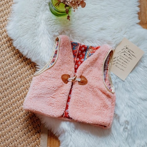Pink and ethnic sleeveless shepherd vest - child / baby - Moumoute - sherpa - Reversible