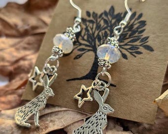 Hare Charm Earrings, Opal Glass Crystal. Hare Jewellery, Nature Woodland Animal Hares Moon Winter Wildlife  hippie boho, Earth Tone