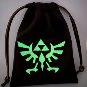 Glow in the Dark Embroidered Hylian Crest Triforce Bag wallet With 20 Rupees for Link Legend of Zelda, Ocarina of Time, Dress Up, Cosplay